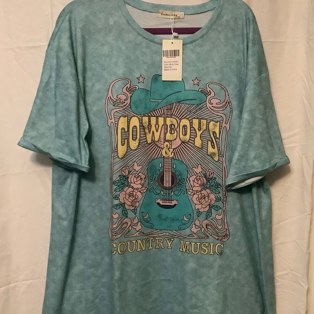 Teal Graphic T-Shirt with Cowboy Design - Picture 1 of 4